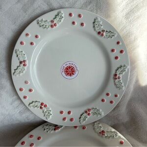 NEW Set of 4 Christmas Dessert Plates with Holly Leaves around. Made in Portugal